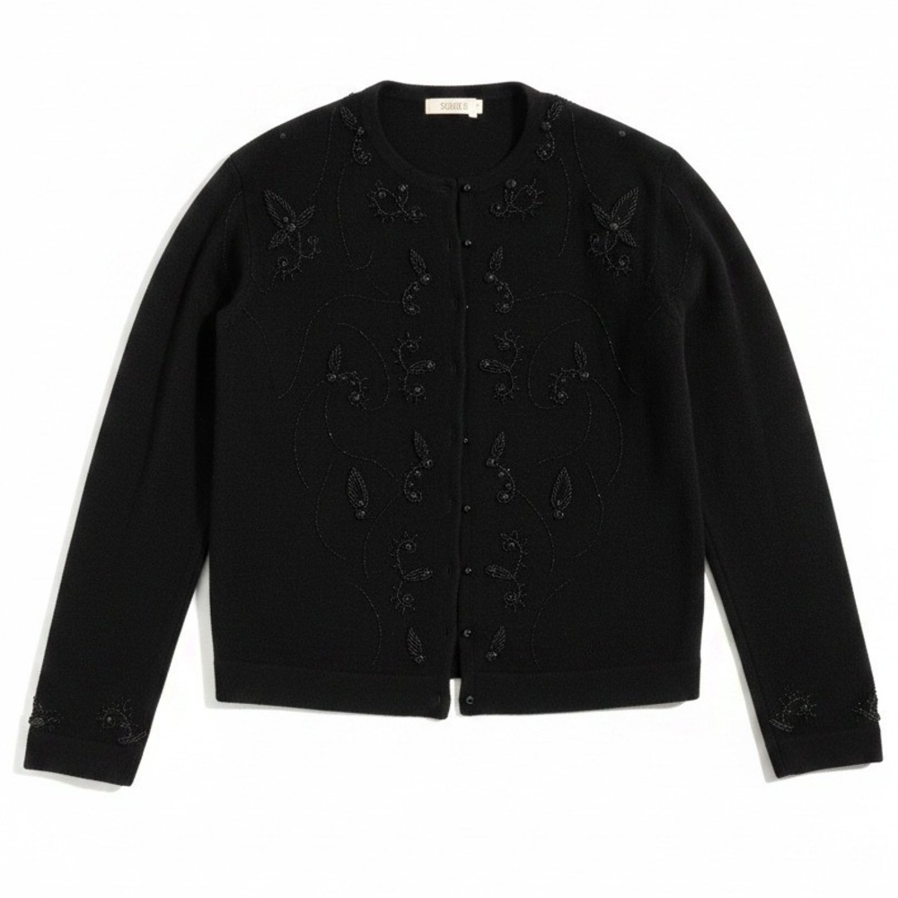 Carol Brent Vintage Beaded Lambswool Angora Cardigan Sweater Black Size 44